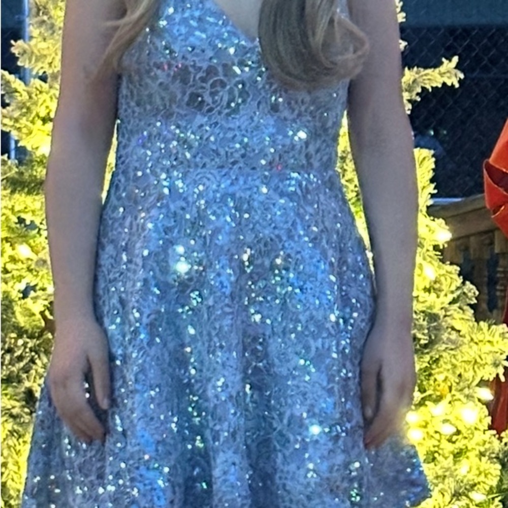 Sparkling Light Blue V-Neck Lace Skater Dress
